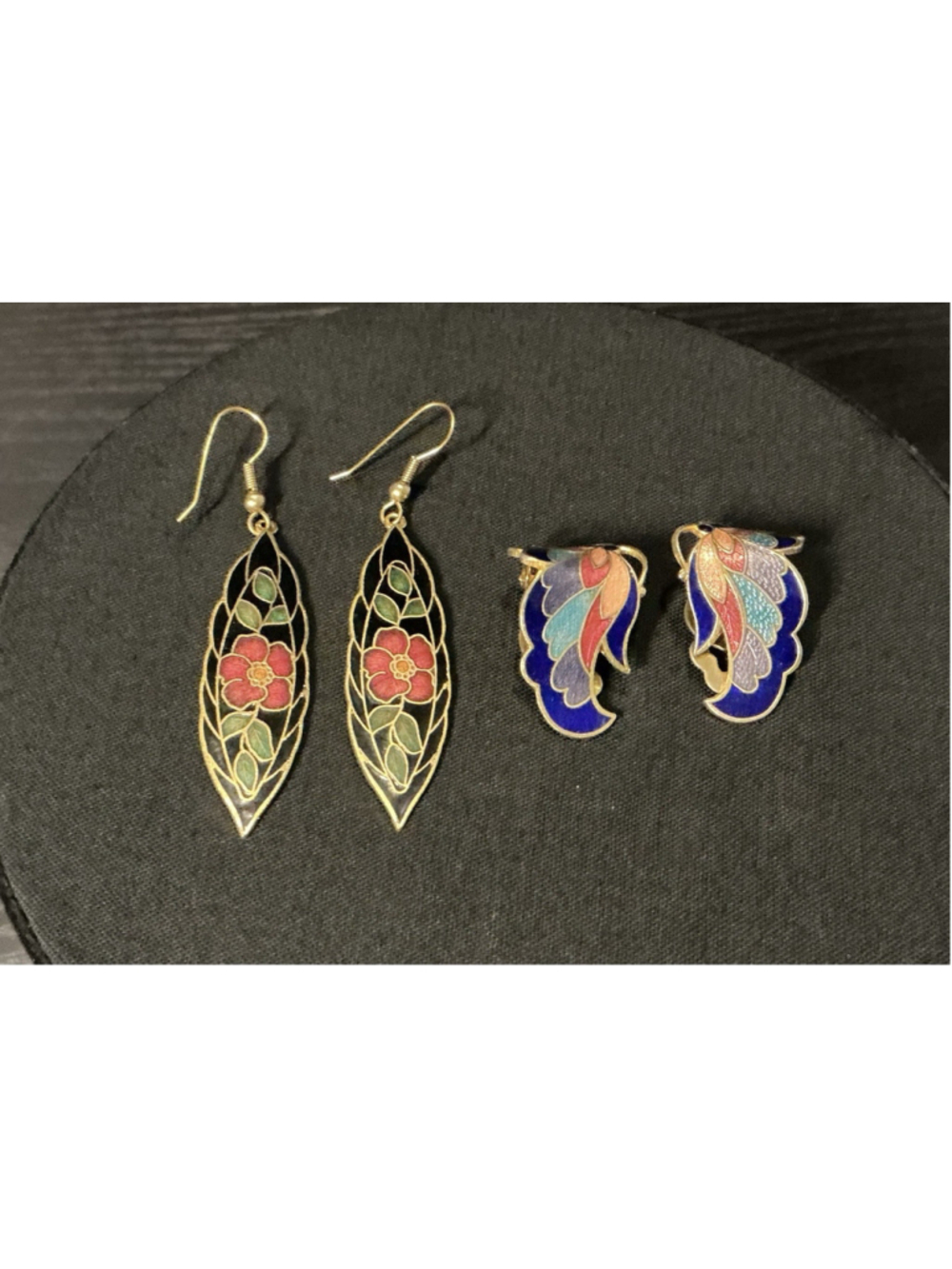 Lot of 2 Pairs Vintage Cloisonne Enamel Earrings Floral Dangle & Fan Clip On.